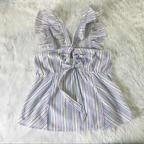 ELLA MOSS Striped Babydoll Top Square Neckline Flutter Sleeve Medium Large New - Picture 3 of 16